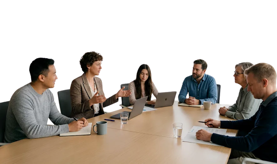 Réunion d'une équipe de professionnels autour d'une table de travail.
