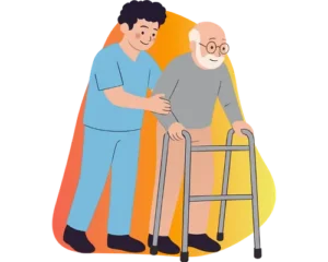 Accompagnant médico-social aidant une personne âgée à marcher avec un déambulateur.