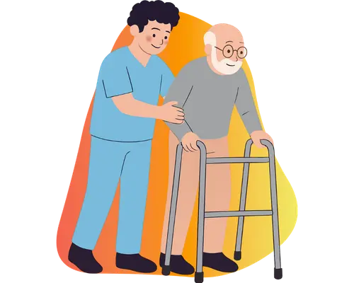 Accompagnant médico-social aidant une personne âgée à marcher avec un déambulateur.