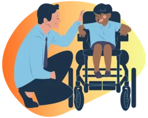 Professionnel de l'accompagnement handicap communiquant avec un enfant en fauteuil roulant.