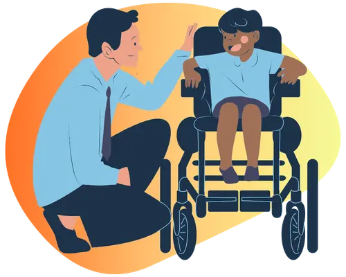 Professionnel de l'accompagnement handicap communiquant avec un enfant en fauteuil roulant.
